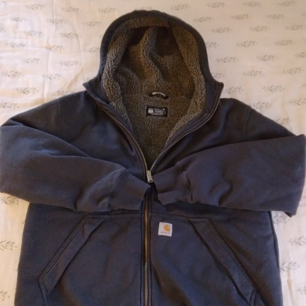 NWOT Carhartt rain defender mens large navy blue sherpa lined hoodie sweatshirt